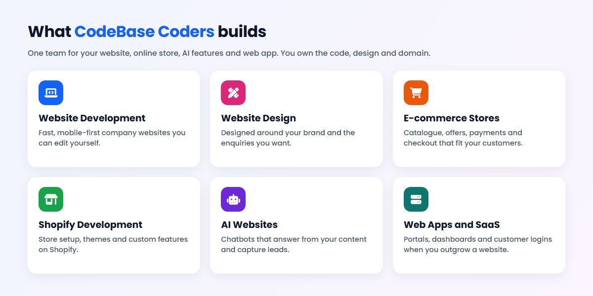 CodeBase Coders website services: website development, website design, e-commerce, Shopify, AI websites and web apps