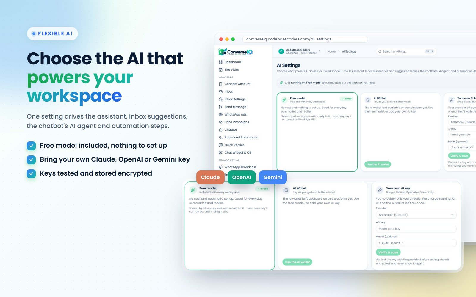 ConverseIQ AI settings: free model, AI wallet or your own Claude, OpenAI or Gemini API key