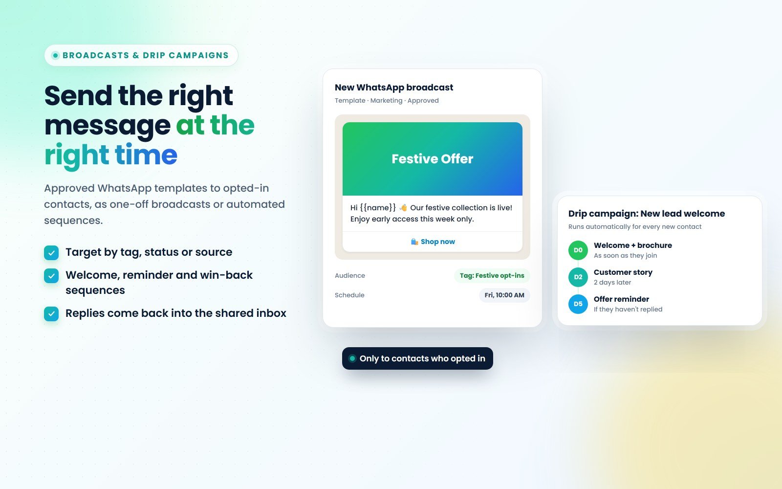 ConverseIQ WhatsApp broadcast composer with template preview and a drip campaign sequence (illustration with sample data)
