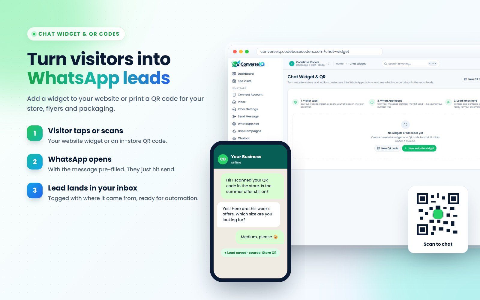 ConverseIQ chat widget and QR code setup: visitor taps, WhatsApp opens, lead lands in the inbox