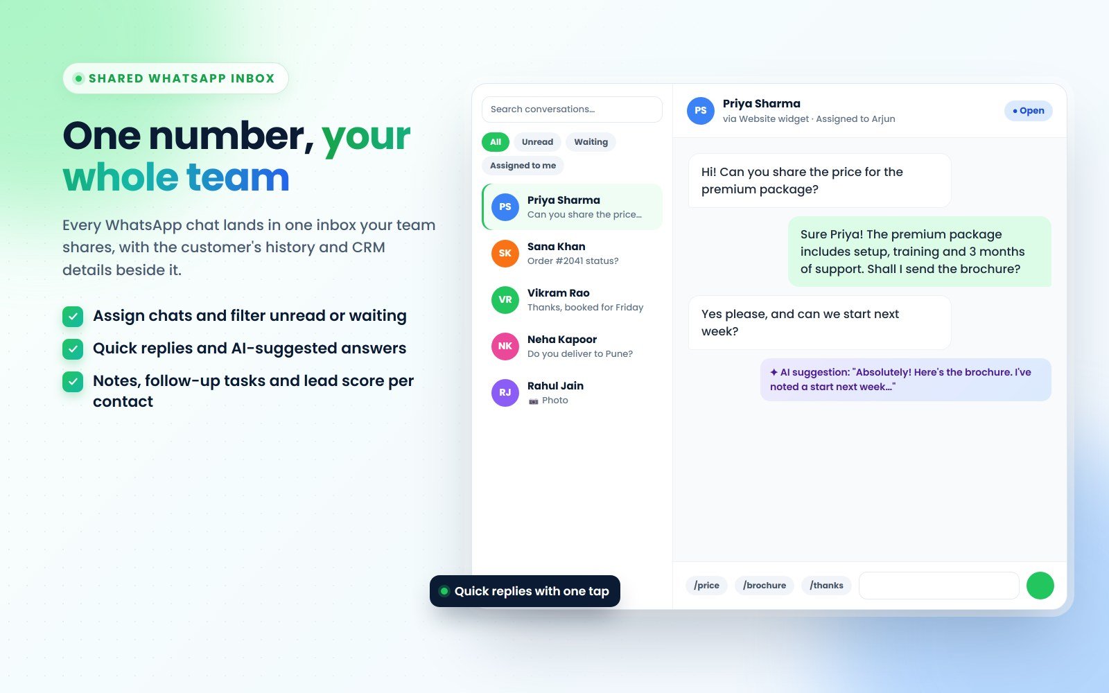 ConverseIQ shared WhatsApp inbox with conversation list, chat and AI reply suggestion (illustration with sample data)