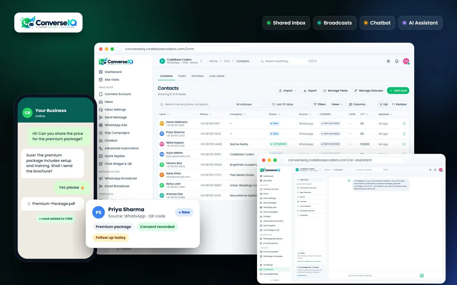 ConverseIQ WhatsApp CRM, shared inbox and AI assistant on desktop and mobile