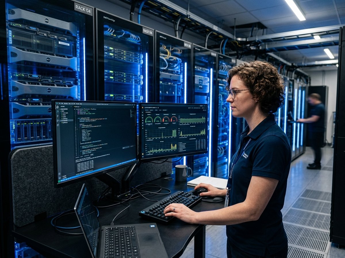 DevOps engineer at a workstation with monitoring dashboards in front of server racks